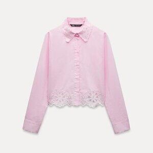 ZARA Pink Striped Eyelet Lace Collar Button-Down Shirt | Size S